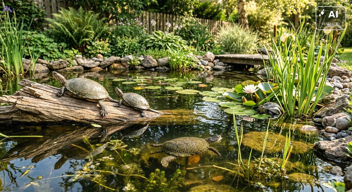 Mehrere Schildkröten an und in einem Gartenteich mit Wasserpflanzen und Steinen